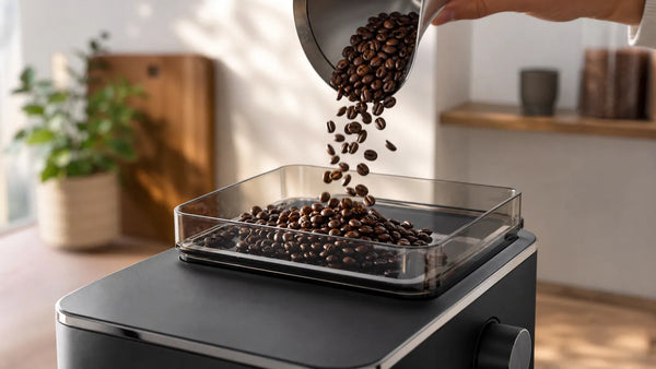 Espresso beans being poured into the hopper of a home espresso machine