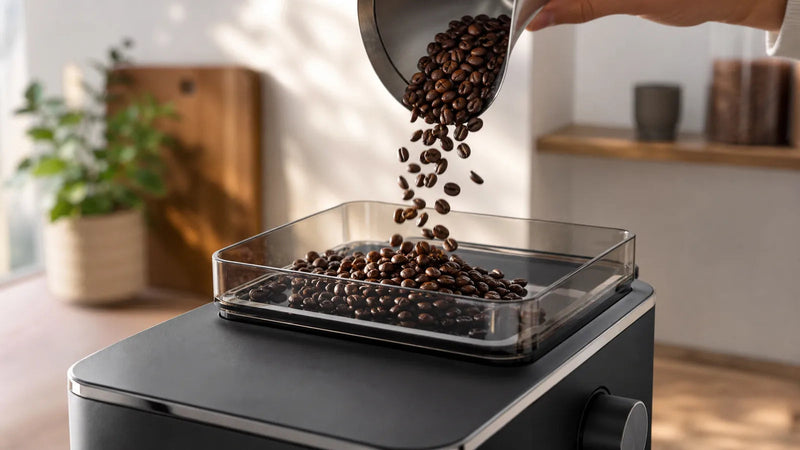 Espresso beans being poured into the hopper of a home espresso machine