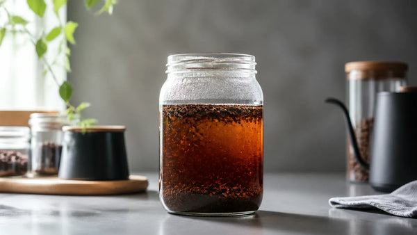Glass jar filled with cold brew coffee and coarsely ground beans on a kitchen counter