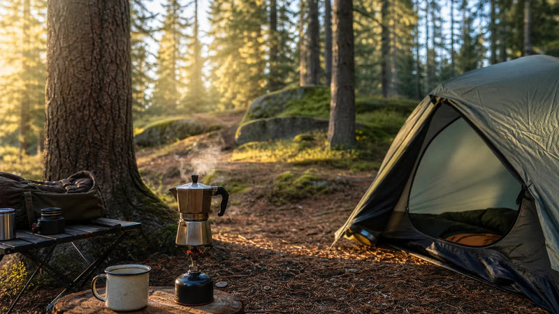 Preparing camping coffee in the forest in the morning