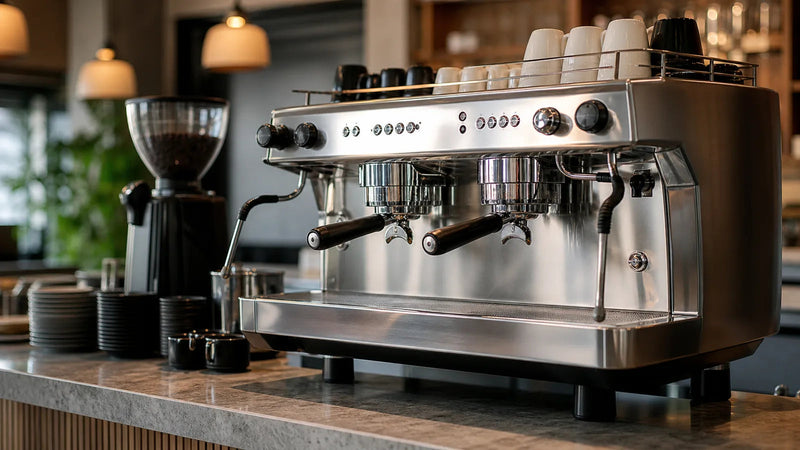 Two-group commercial espresso machine installed in a cafe
