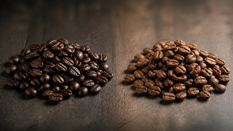 Side-by-side comparison of espresso coffee beans and filter coffee beans