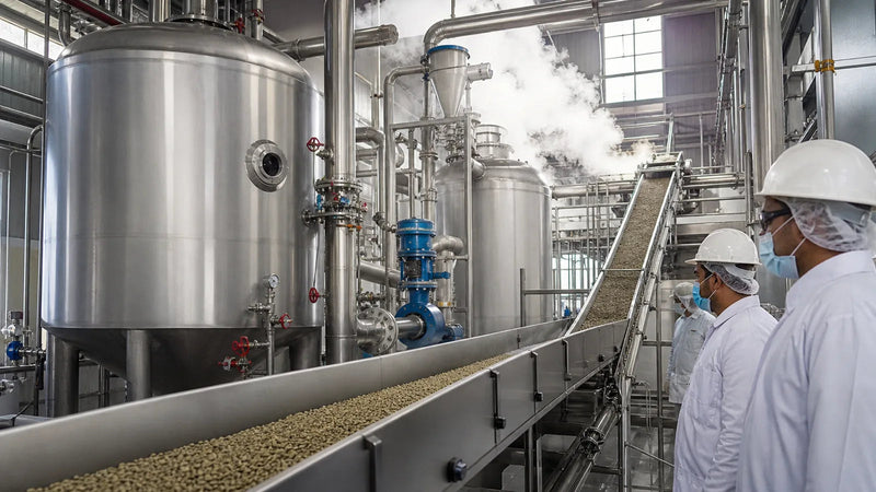 Green coffee beans undergoing decaffeination without synthetic chemicals
