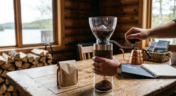 Manual burr grinder grinding fresh coffee beans for specialty coffee at home