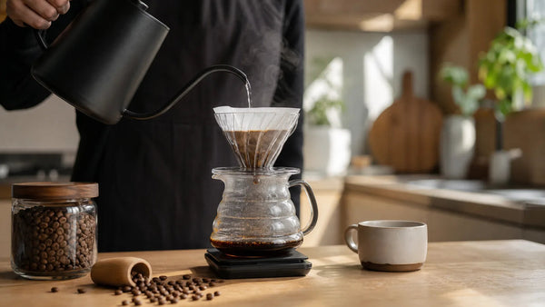 Preparing V60 coffee at home with a filter and medium grind