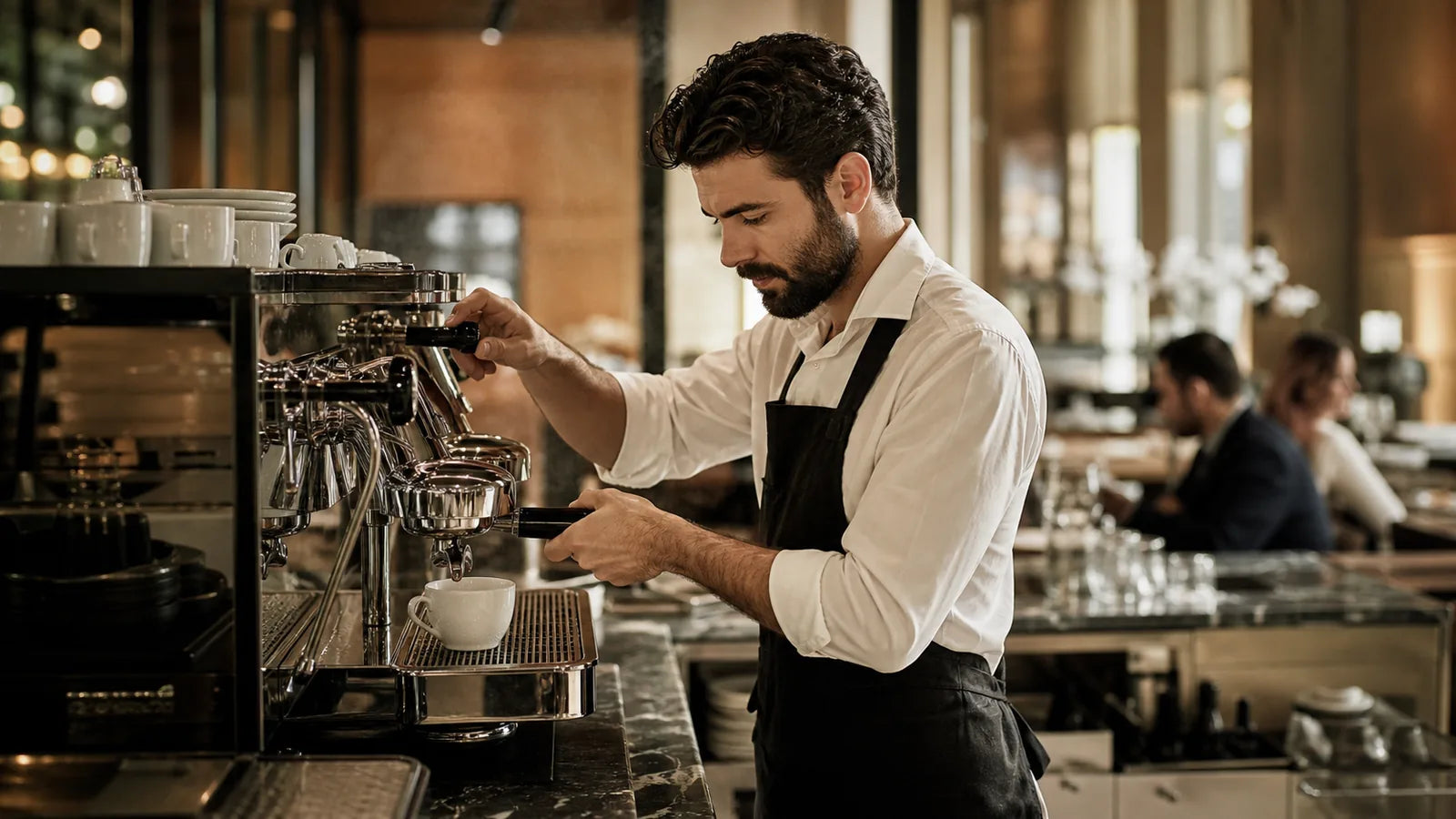 Barista preparing espresso on a restaurant coffee machine