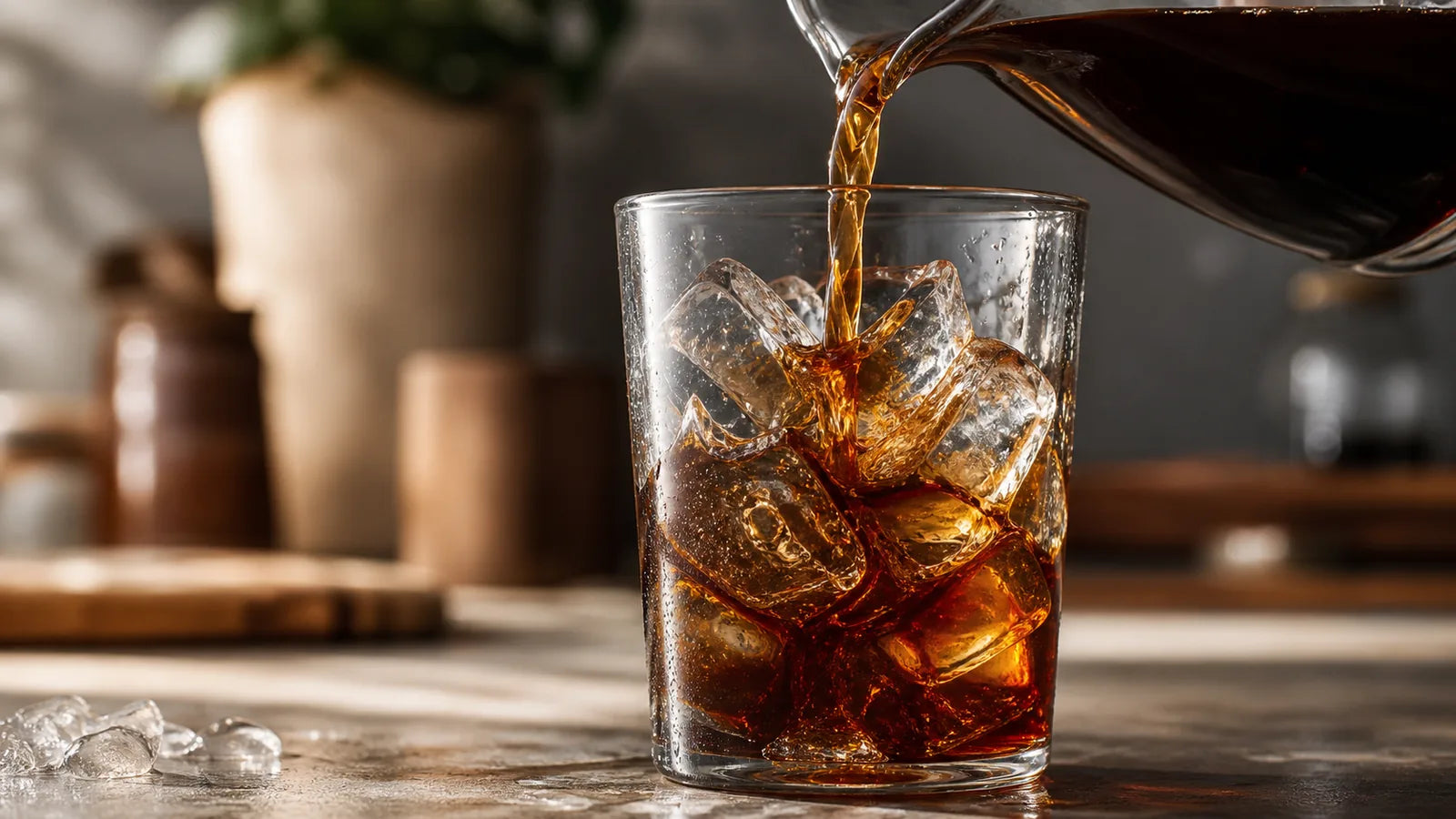 Cold brew coffee being poured over ice cubes in a clear glass