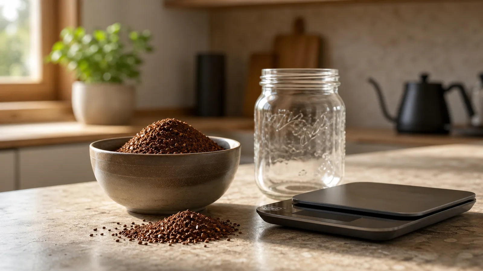 Coarsely ground coffee beside a kitchen scale and an empty Mason jar