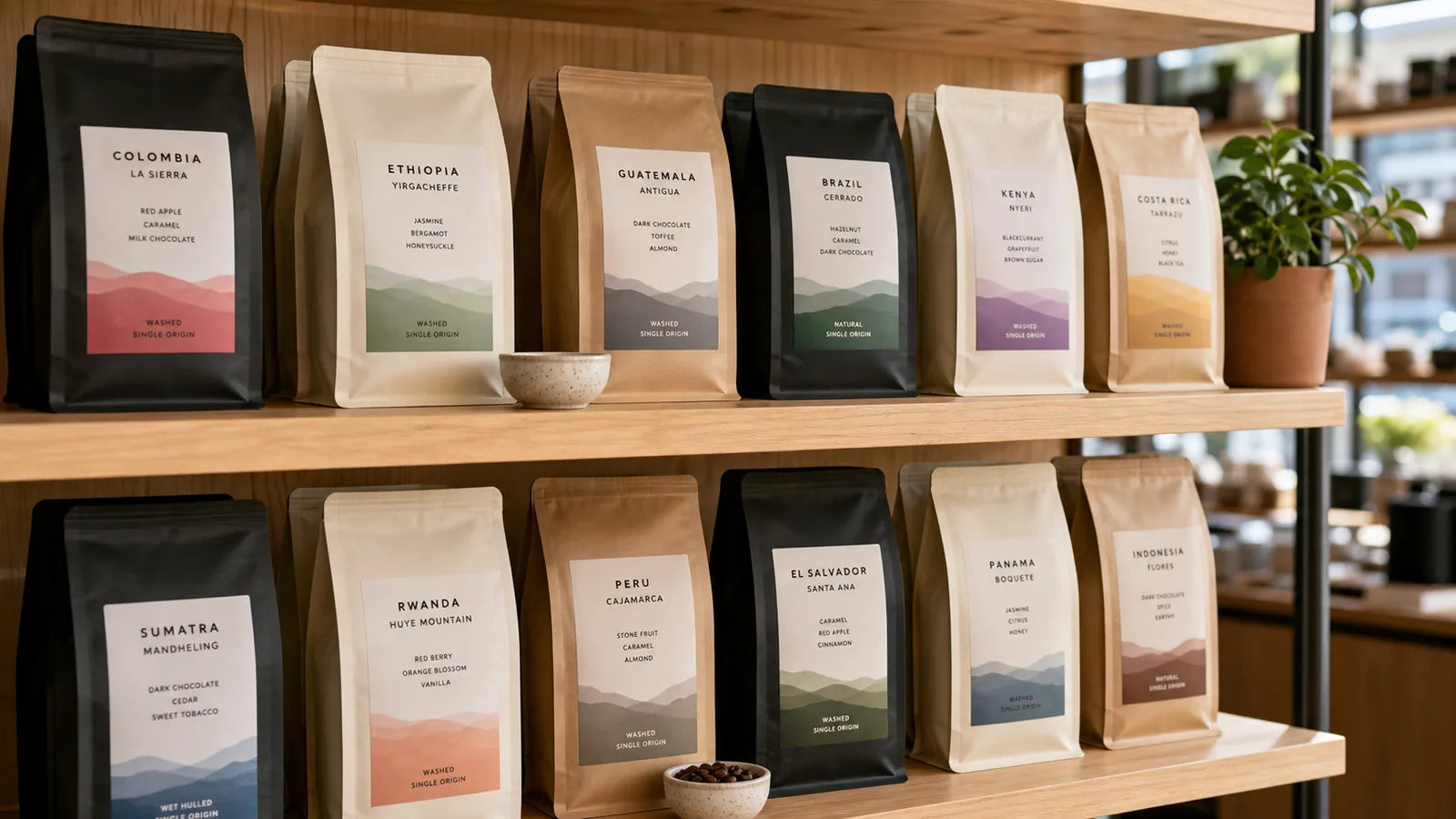Bags of coffee displayed in a coffee shop on Notre-Dame Street West