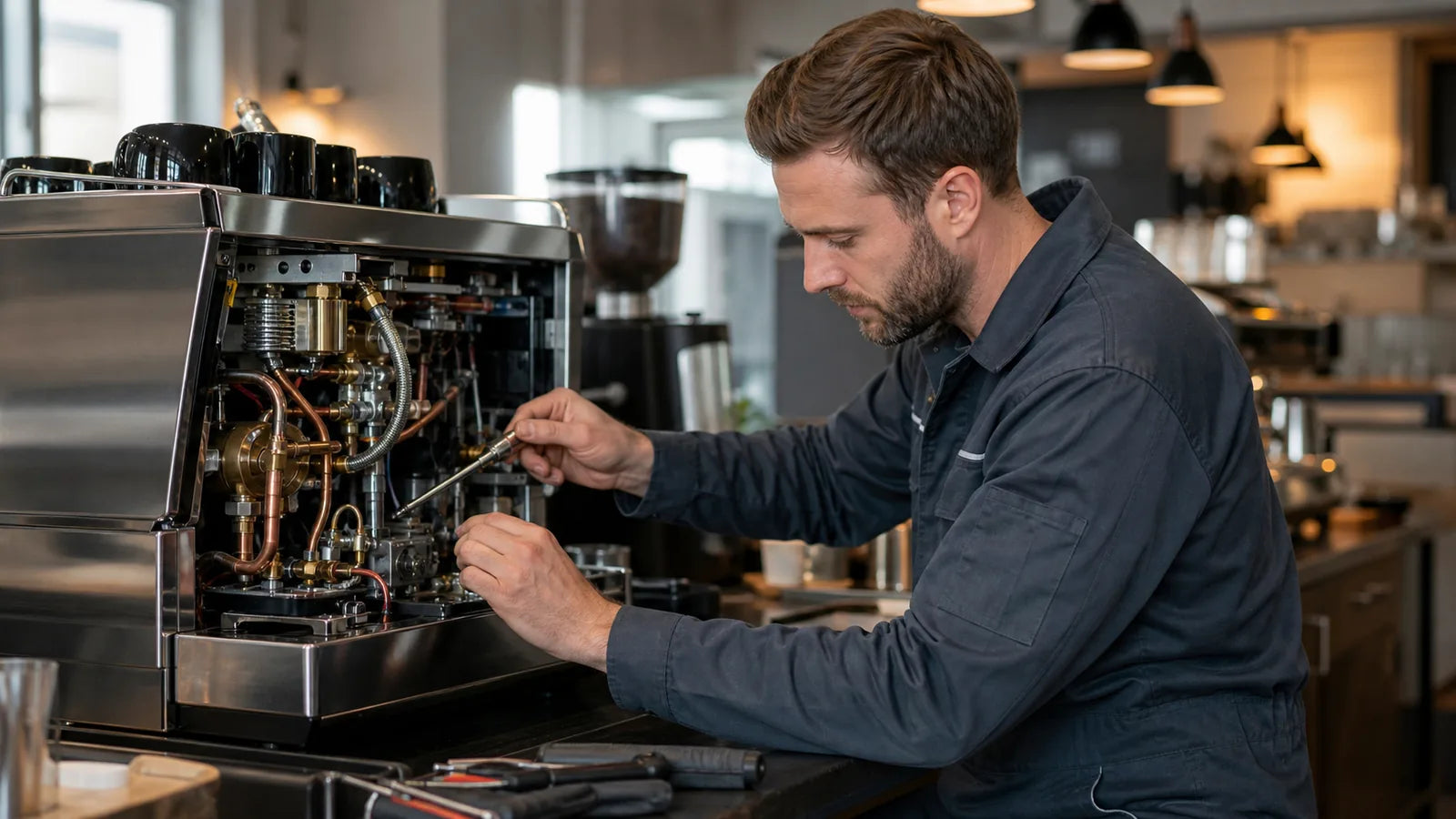 Technician maintaining a commercial espresso machine