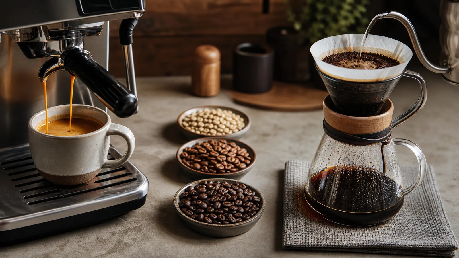 Dark-roast espresso compared with a light filter coffee