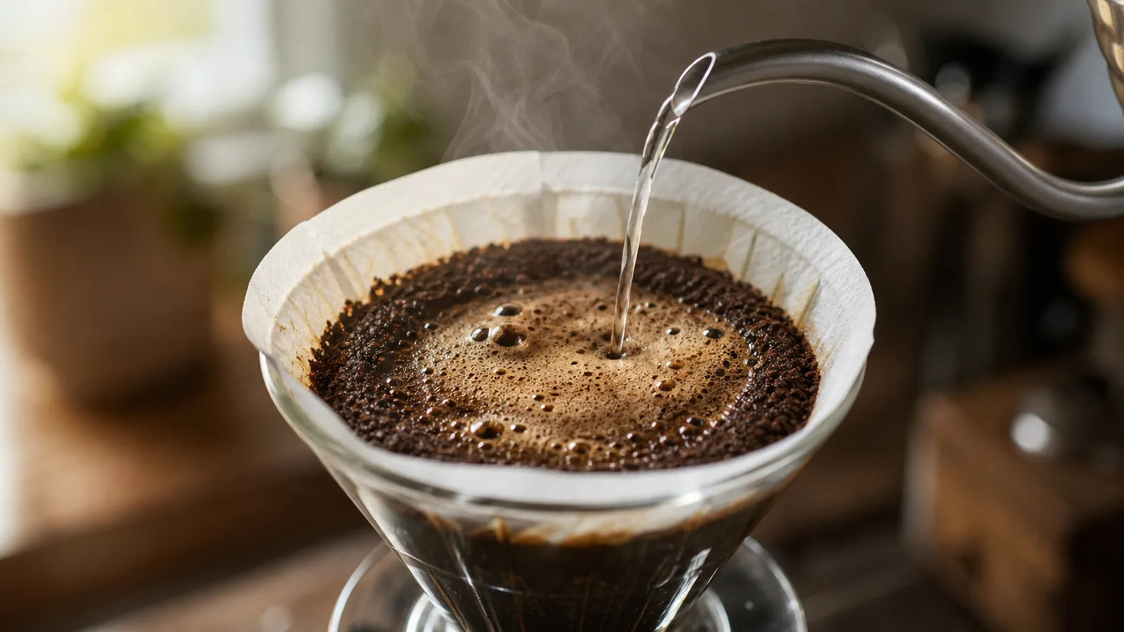 Freshly ground coffee blooming during brewing as a sign of freshness