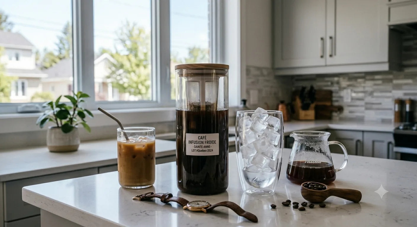 Cold brew coffee maker, iced coffee, and ice cubes on a kitchen counter