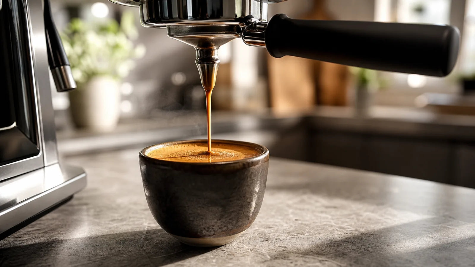 Espresso extraction with golden crema on a kitchen counter