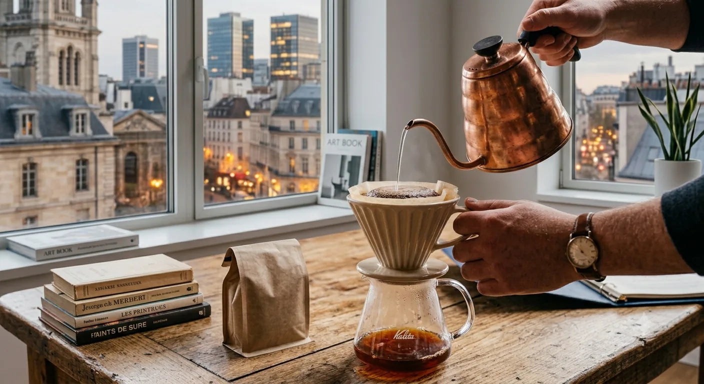 Copper gooseneck kettle pouring water over a manual coffee filter and glass carafe
