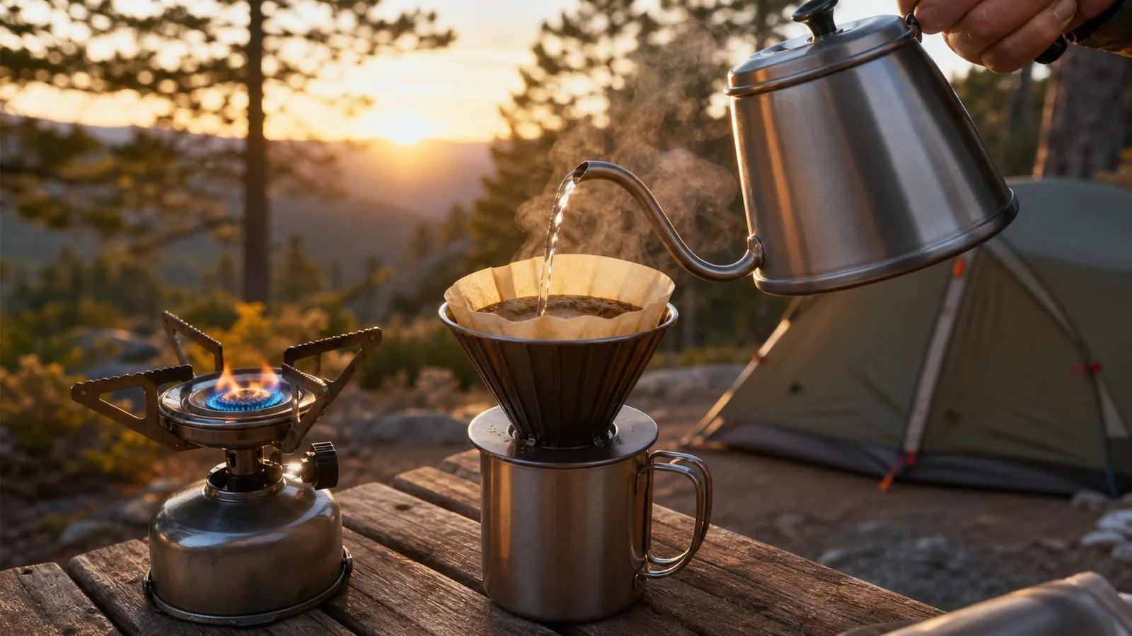 Portable pour-over coffee prepared on a camping stove