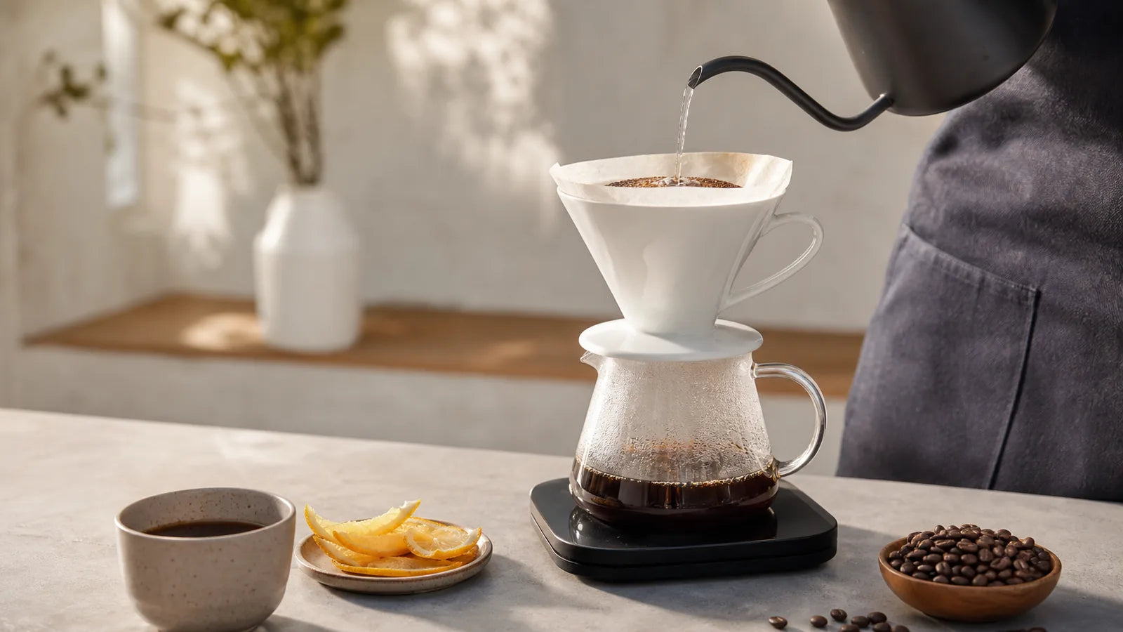 Pour-over filter coffee prepared with beans suited to the method