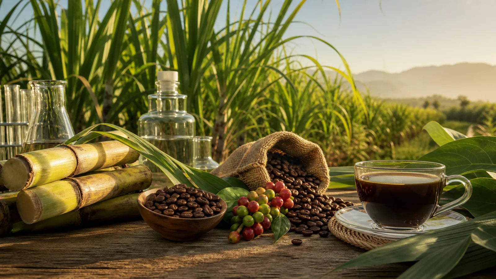 Sugar cane used to produce ethyl acetate for the decaf coffee process