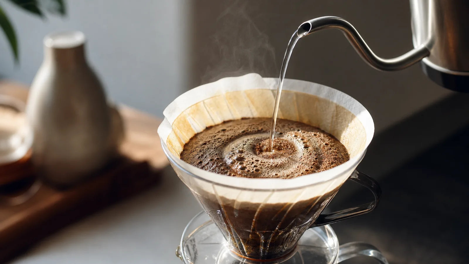 Spiral pour of hot water while brewing V60 coffee